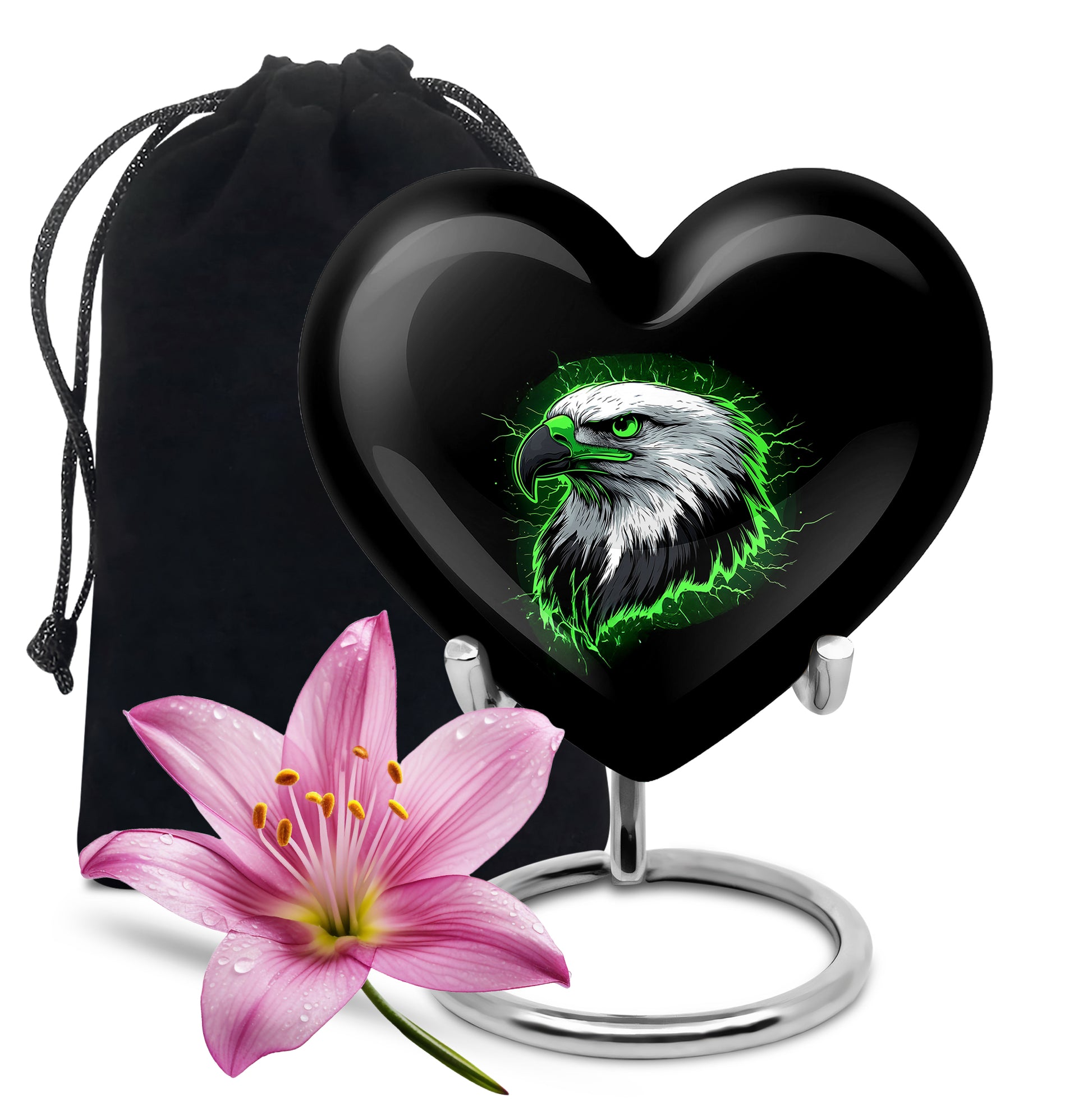 Onyx Black Eagle Cremation Urn detail view - romantic heart urn with eagle motif on aluminum - full-size 10 inch 200 cubic inch adult cremation urn