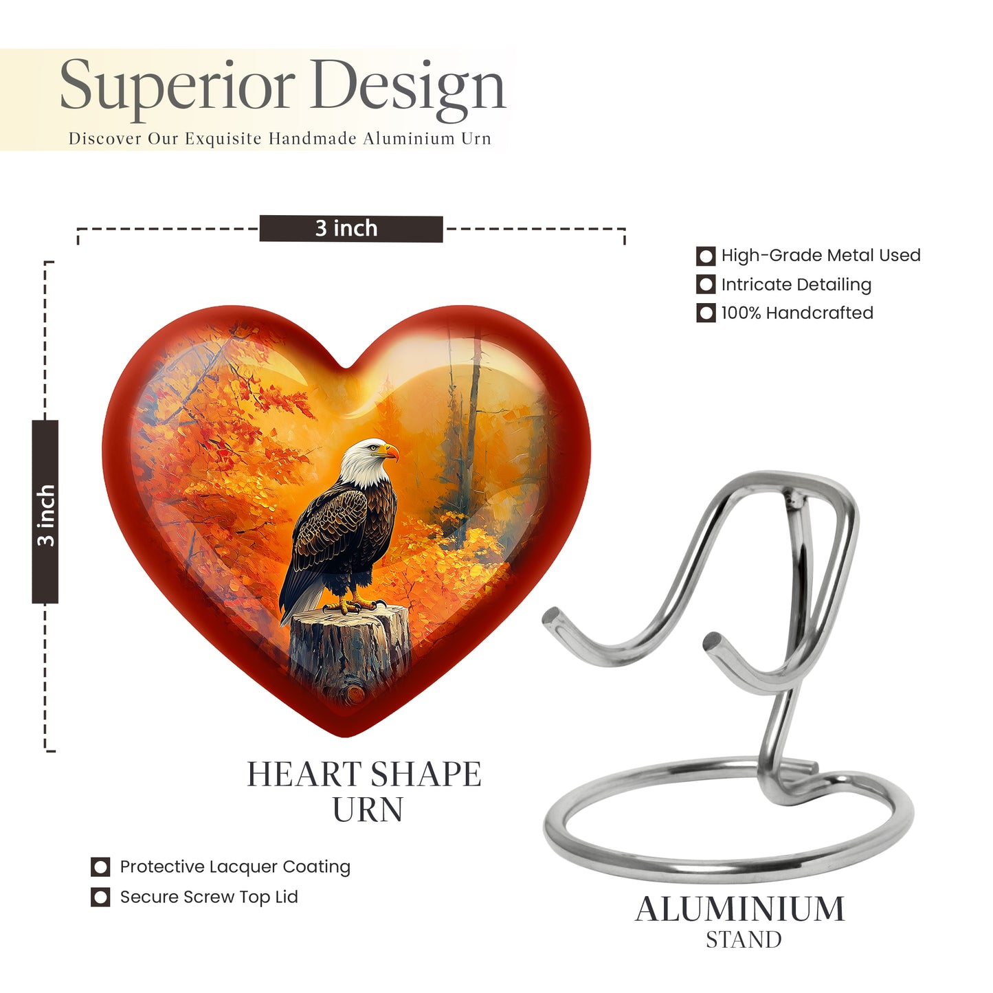 Sunrise Gold Eagle Cremation Urn front view showing detailed design - loving heart memorial featuring eagle pattern - mini keepsake memorial for portion of cremation ashes