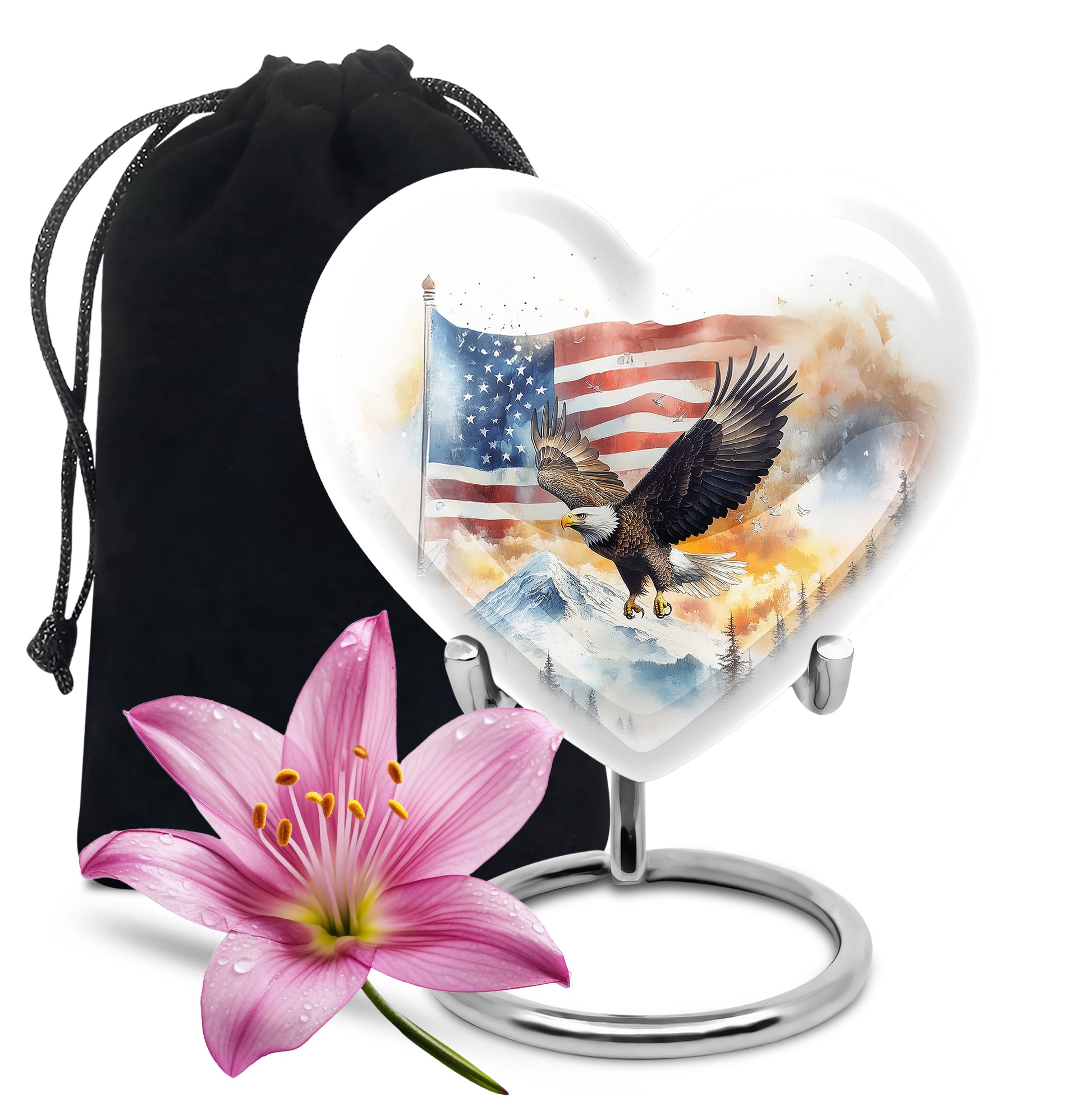 Gleaming Silver Eagle Cremation Urn detail view - heart-shaped eagle design symbolizing eternal love - full-size 10 inch 200 cubic inch adult cremation urn