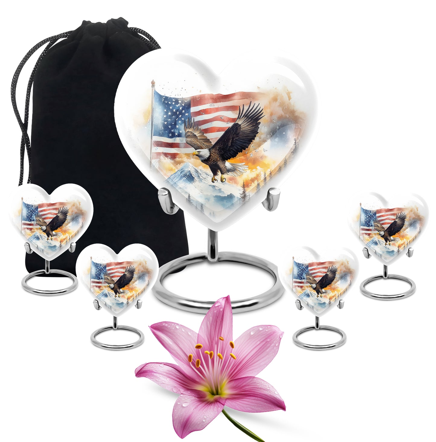 Satin Silver Eagle Cremation Urn close-up of engraving and surface detail - loving heart memorial featuring eagle pattern - memorial set with one large and four small urns