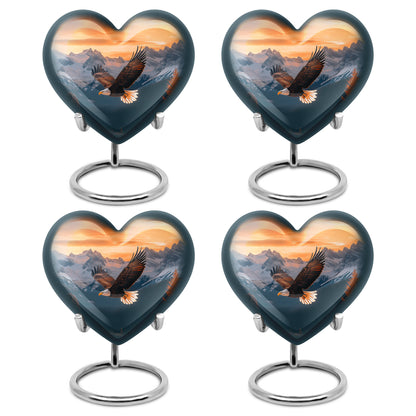 Amber Gold Eagle Cremation Urn angled view of lid and engraved motif - loving heart memorial featuring eagle pattern - 10 inch aluminum urn for cremated remains