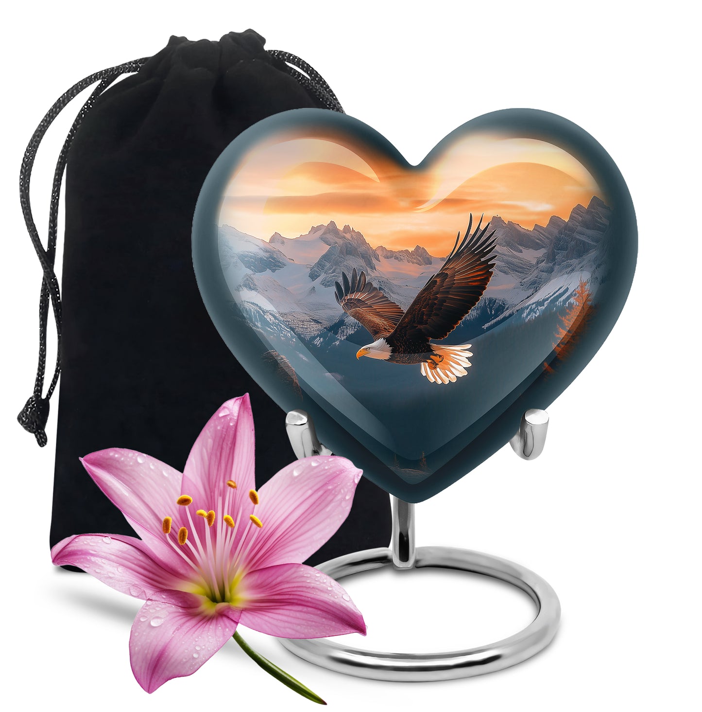Sunrise Gold Eagle Cremation Urn detail view - loving heart memorial featuring eagle pattern - full-size 10 inch 200 cubic inch adult cremation urn