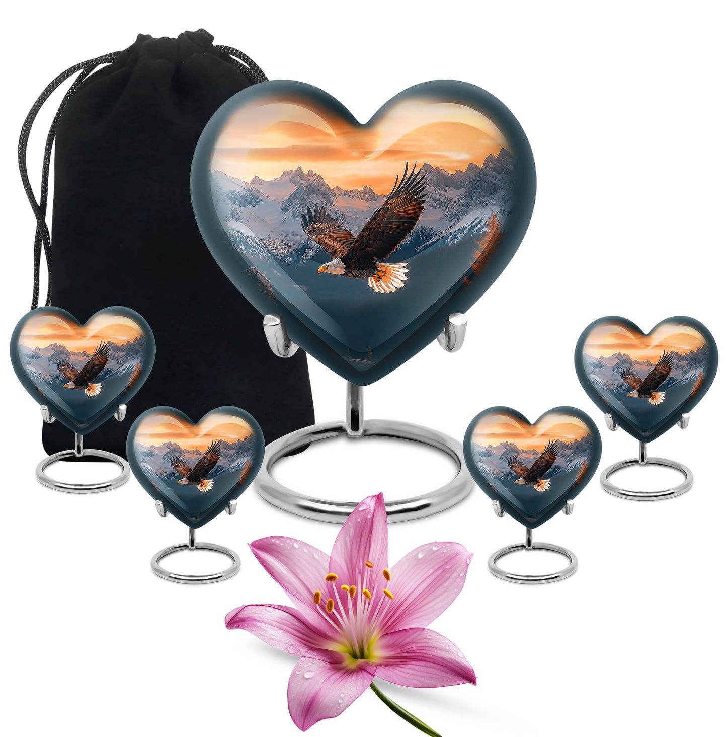 Sunrise Gold Eagle Cremation Urn close-up of engraving and surface detail - loving heart memorial featuring eagle pattern - memorial set with one large and four small urns
