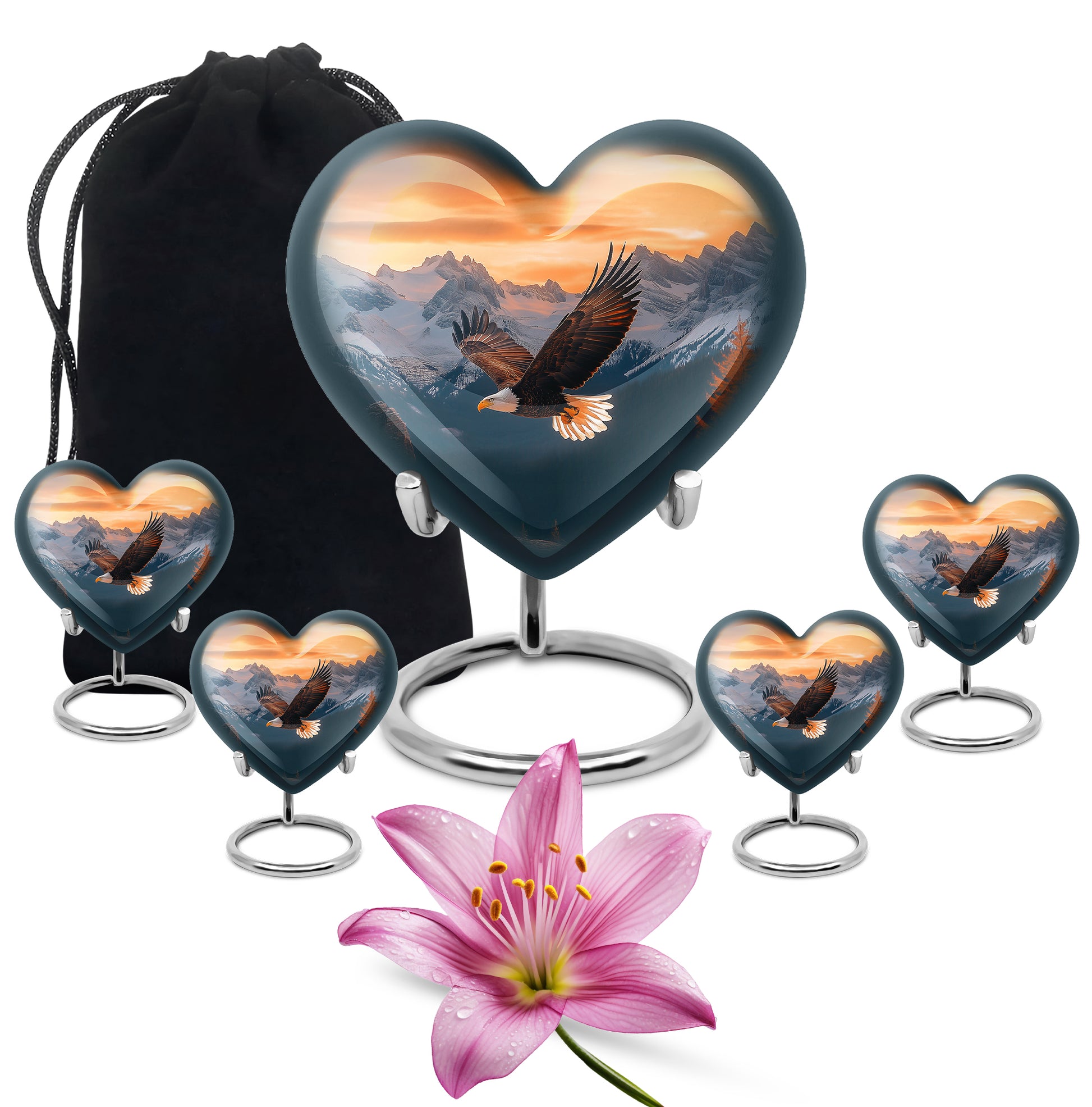Sunrise Gold Eagle Cremation Urn close-up of engraving and surface detail - loving heart memorial featuring eagle pattern - memorial set with one large and four small urns
