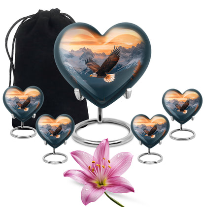 Sunrise Gold Eagle Cremation Urn close-up of engraving and surface detail - loving heart memorial featuring eagle pattern - memorial set with one large and four small urns