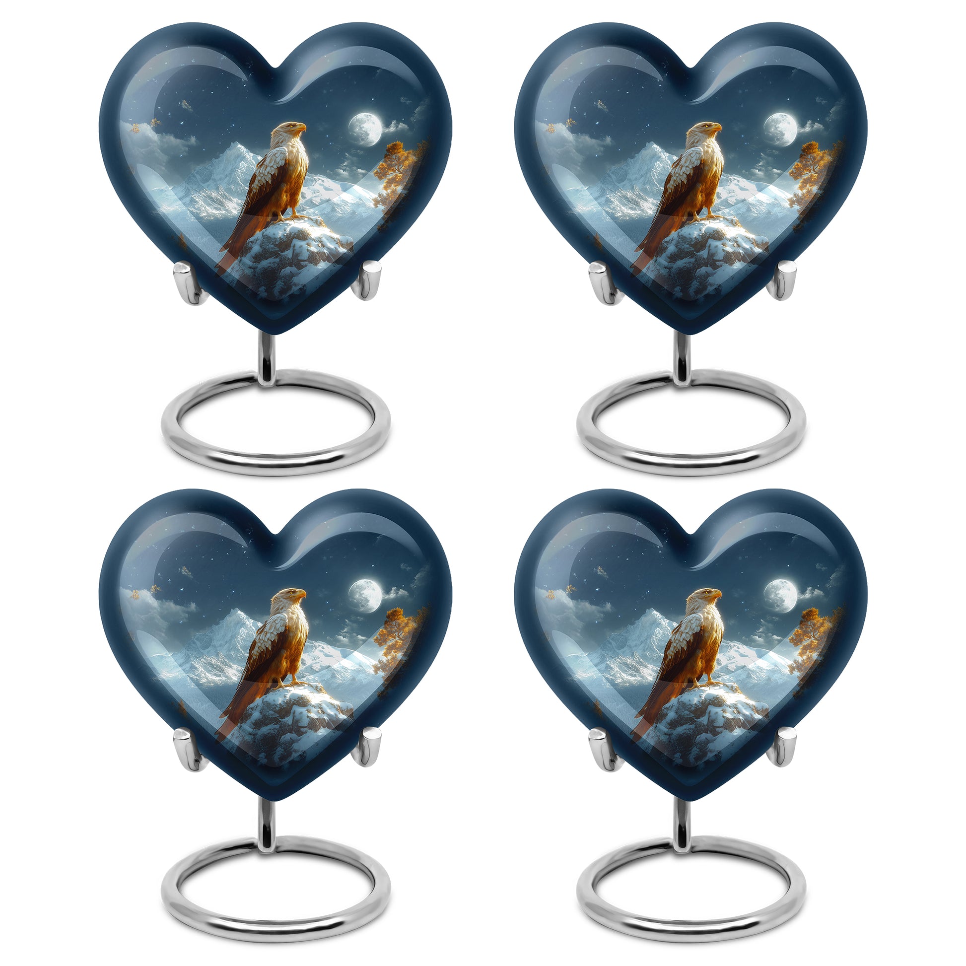 Celestial Blue Eagle Cremation Urn angled view of lid and engraved motif - heart-shaped eagle design symbolizing eternal love - 10 inch aluminum urn for cremated remains