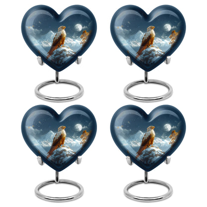 Celestial Blue Eagle Cremation Urn angled view of lid and engraved motif - heart-shaped eagle design symbolizing eternal love - 10 inch aluminum urn for cremated remains