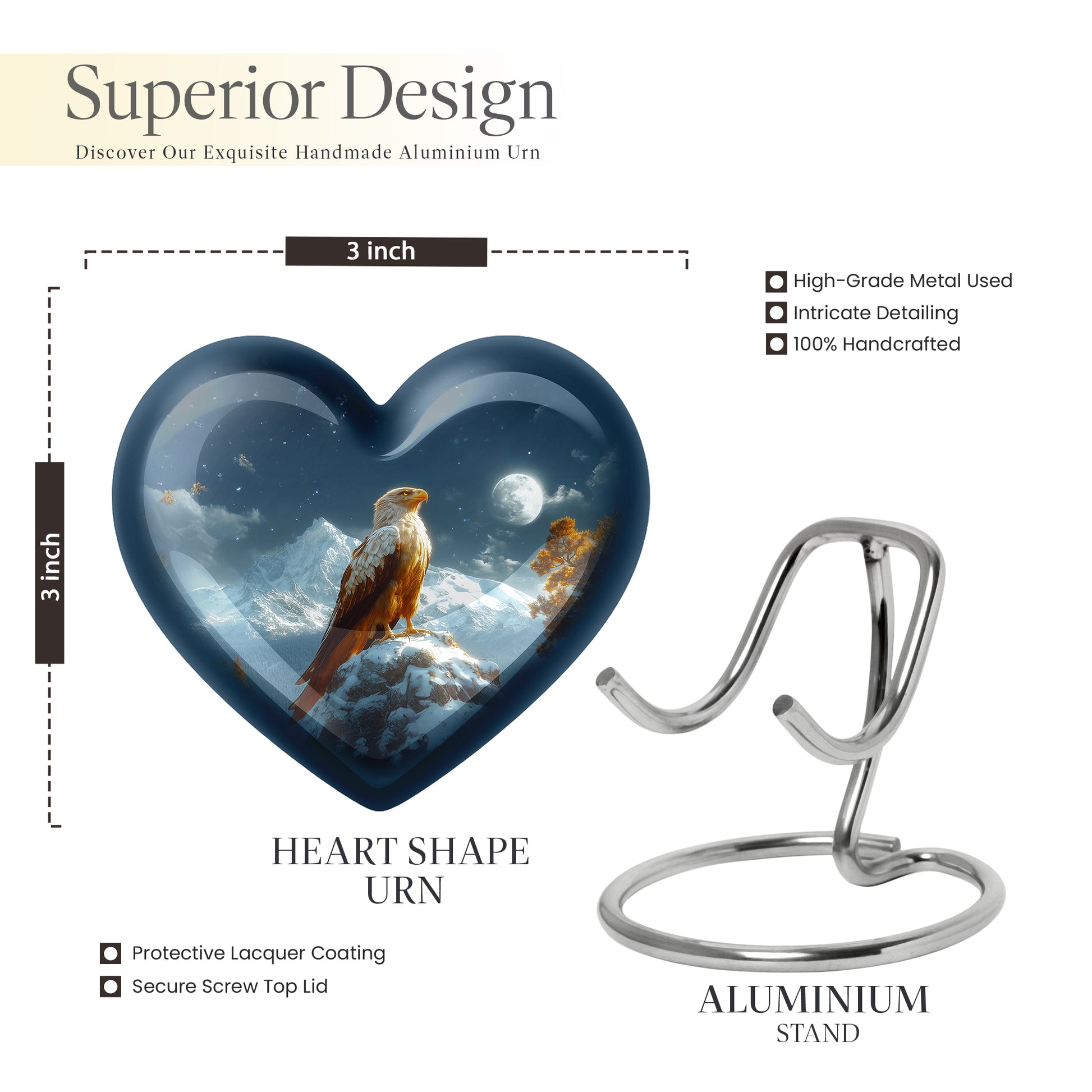 Slate Blue Eagle Cremation Urn front view showing detailed design - heart-shaped eagle design symbolizing eternal love - mini keepsake memorial for portion of cremation ashes