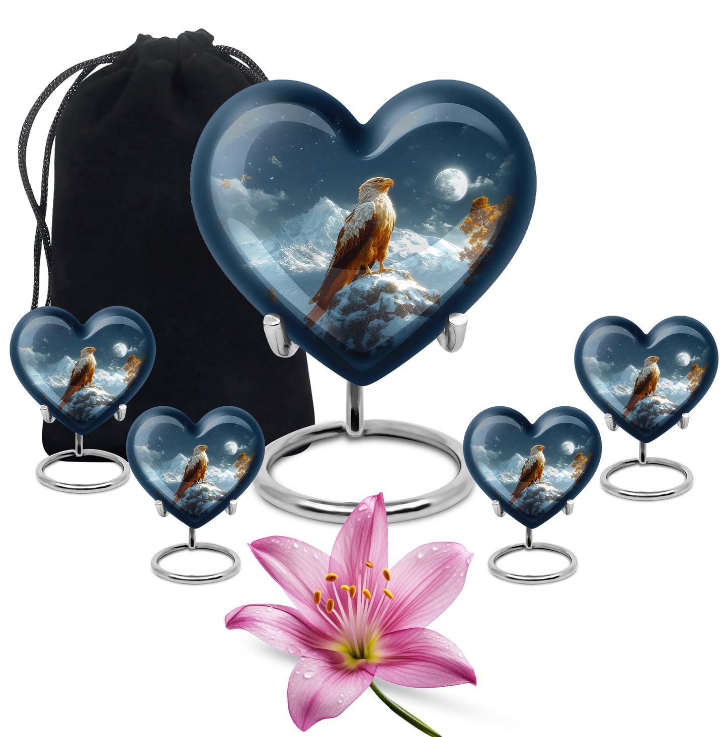 Calming Blue Eagle Cremation Urn close-up of engraving and surface detail - romantic heart urn with eagle motif on aluminum - memorial set with one large and four small urns