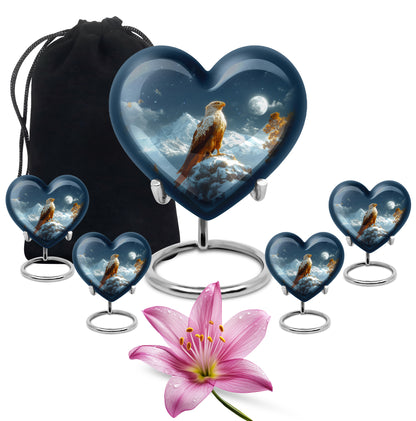 Calming Blue Eagle Cremation Urn close-up of engraving and surface detail - romantic heart urn with eagle motif on aluminum - memorial set with one large and four small urns