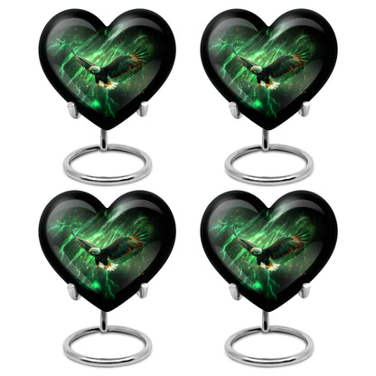 Forest Green Eagle Cremation Urn angled view of lid and engraved motif - romantic heart urn with eagle motif on aluminum - 10 inch aluminum urn for cremated remains