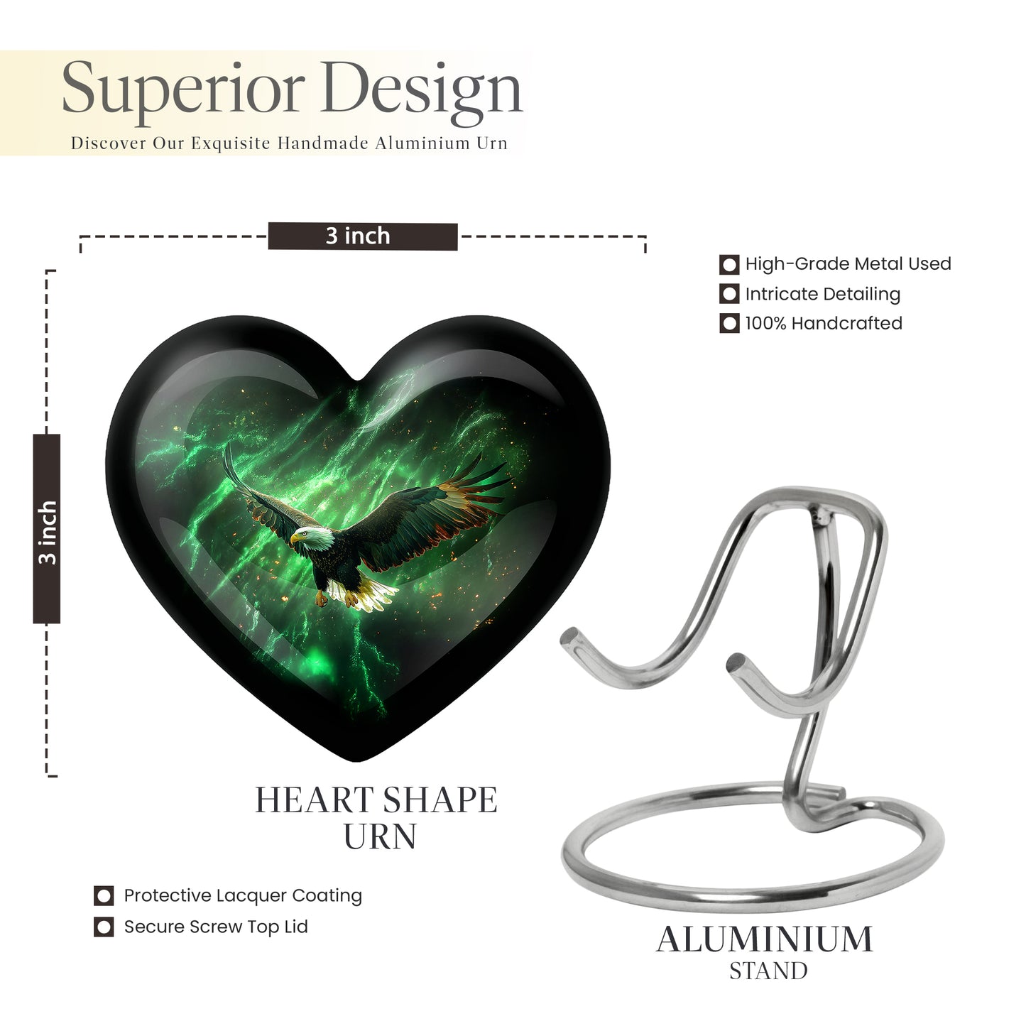Emerald Green Eagle Cremation Urn front view showing detailed design - heart-shaped eagle design symbolizing eternal love - mini keepsake memorial for portion of cremation ashes