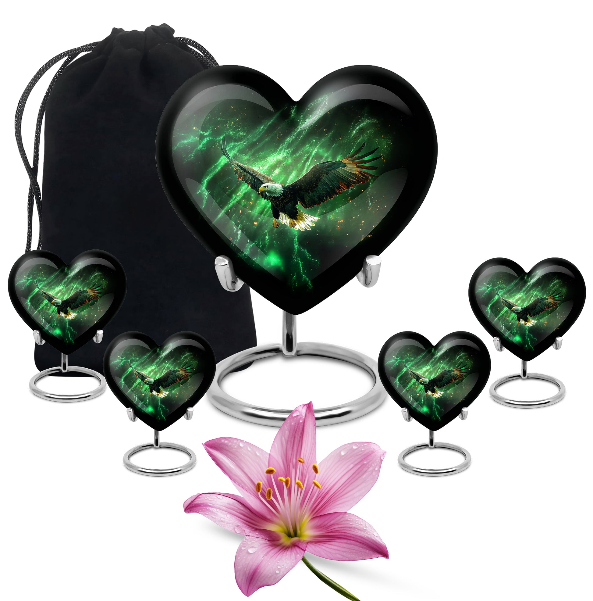 Moss Green Eagle Cremation Urn close-up of engraving and surface detail - heart-shaped eagle design symbolizing eternal love - memorial set with one large and four small urns