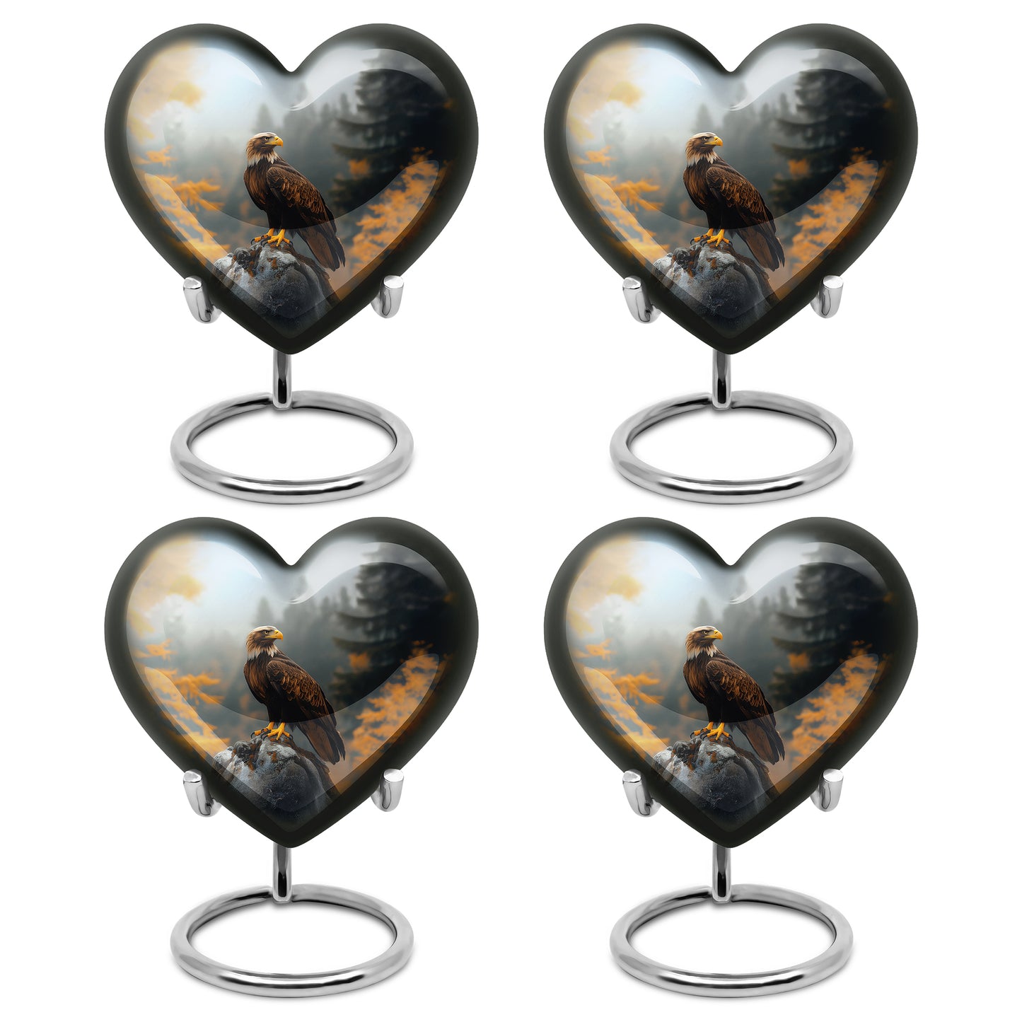 Onyx Black Eagle Cremation Urn angled view of lid and engraved motif - romantic heart urn with eagle motif on aluminum - 10 inch aluminum urn for cremated remains