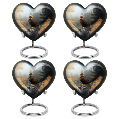 Onyx Black Eagle Cremation Urn angled view of lid and engraved motif - romantic heart urn with eagle motif on aluminum - 10 inch aluminum urn for cremated remains