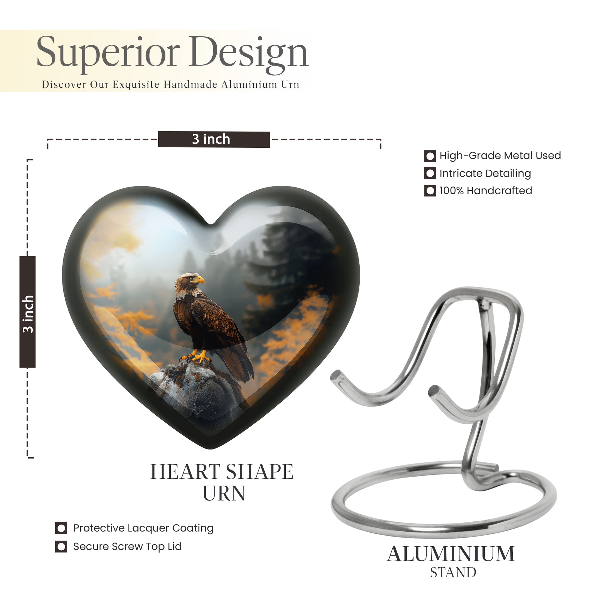 Deep Black Eagle Cremation Urn front view showing detailed design - heart-shaped eagle design symbolizing eternal love - mini keepsake memorial for portion of cremation ashes