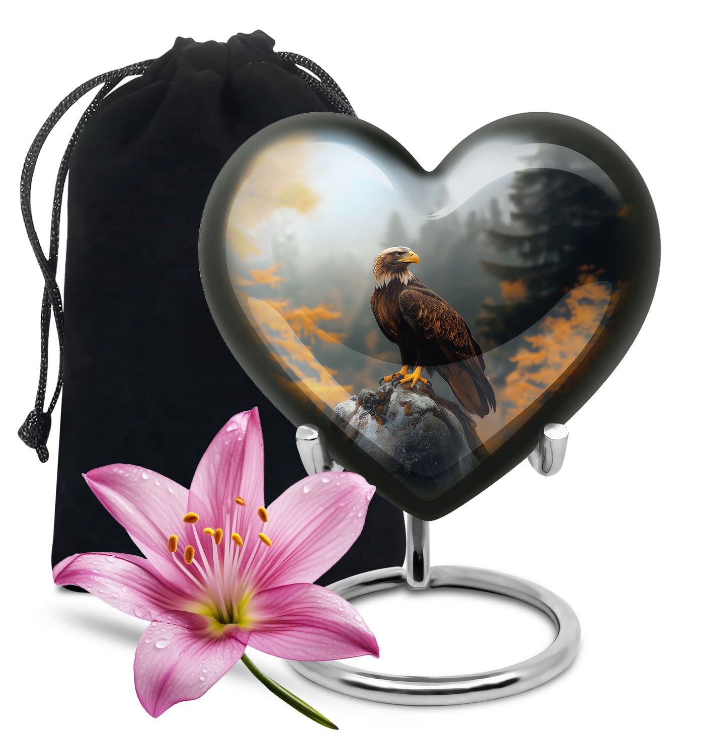 Onyx Black Eagle Cremation Urn detail view - romantic heart urn with eagle motif on aluminum - full-size 10 inch 200 cubic inch adult cremation urn