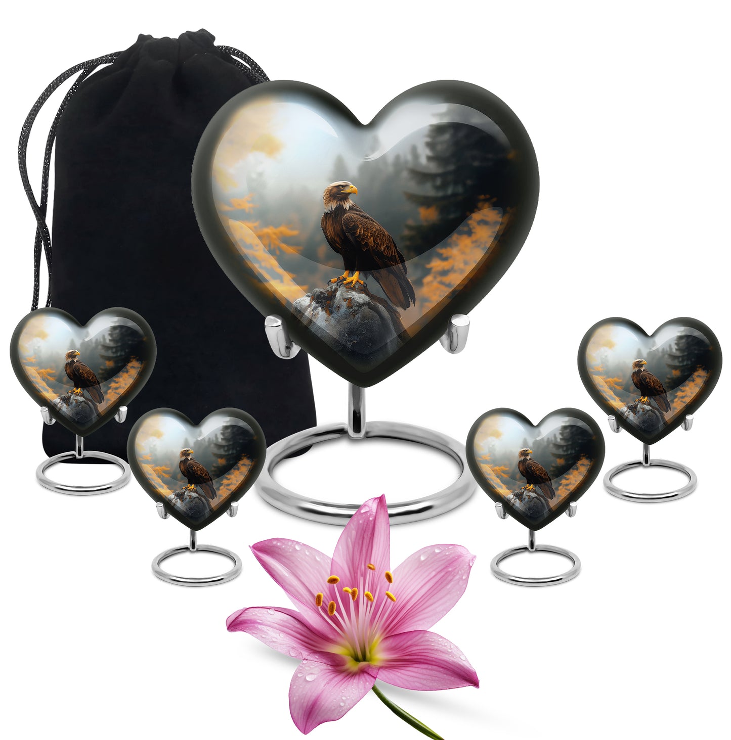 Charcoal Black Eagle Cremation Urn close-up of engraving and surface detail - compassionate heart-eagle combination with gentle curves - memorial set with one large and four small urns