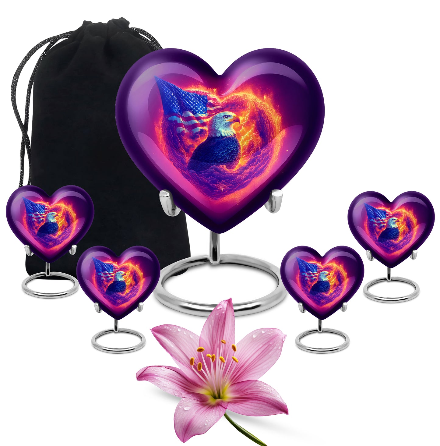 Peony Pink Eagle Cremation Urn close-up of engraving and surface detail - loving heart memorial featuring eagle pattern - memorial set with one large and four small urns