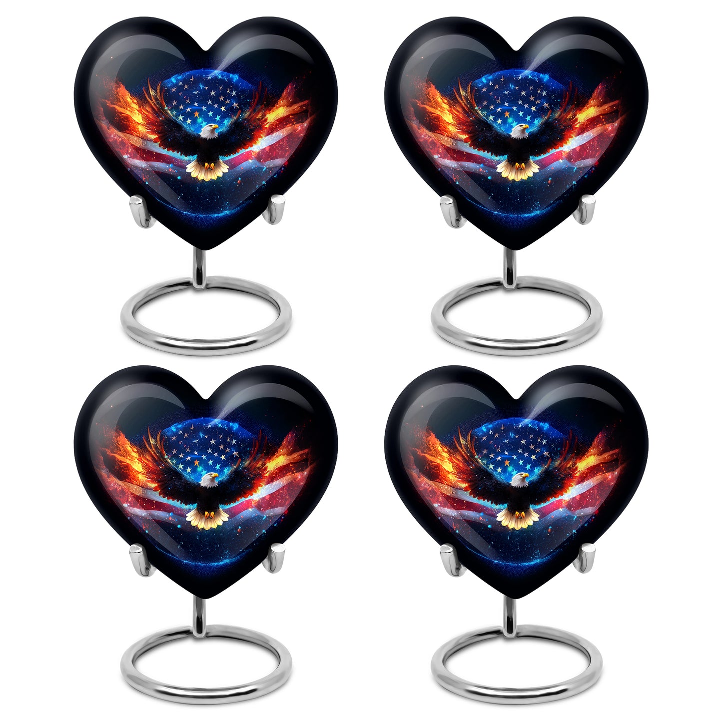 Midnight Black Eagle Cremation Urn angled view of lid and engraved motif - compassionate heart-eagle combination with gentle curves - 10 inch aluminum urn for cremated remains