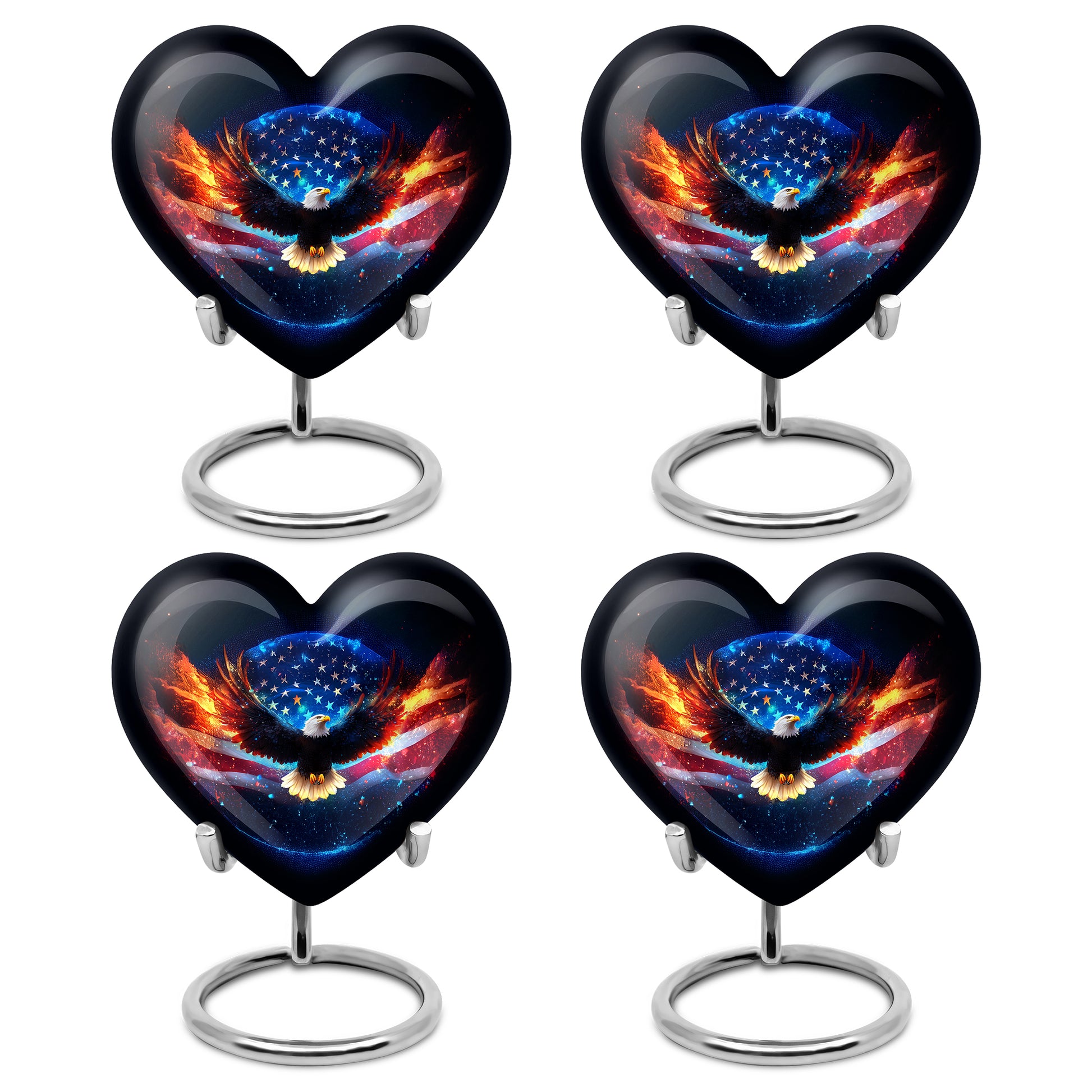 Midnight Black Eagle Cremation Urn angled view of lid and engraved motif - compassionate heart-eagle combination with gentle curves - 10 inch aluminum urn for cremated remains
