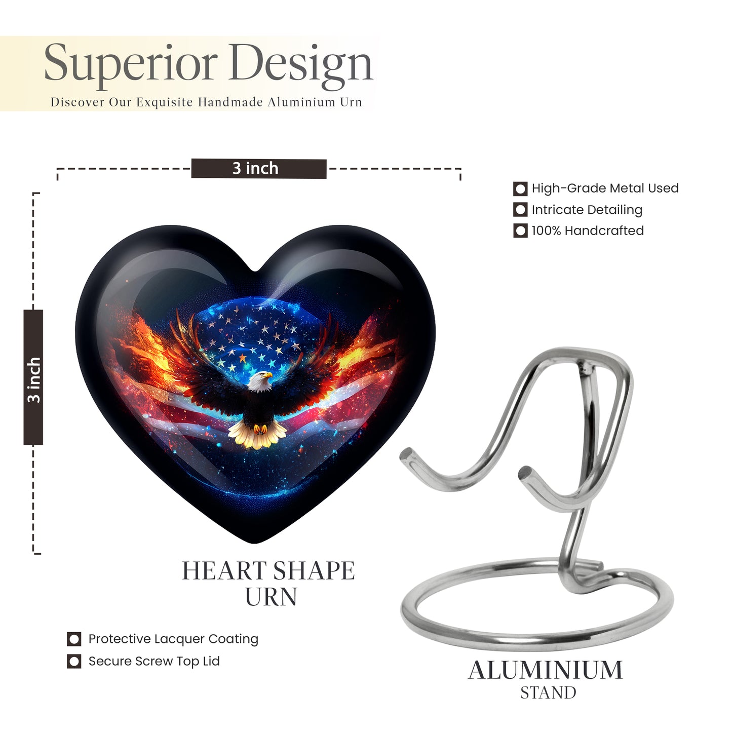 Rich Black Eagle Cremation Urn front view showing detailed design - loving heart memorial featuring eagle pattern - mini keepsake memorial for portion of cremation ashes