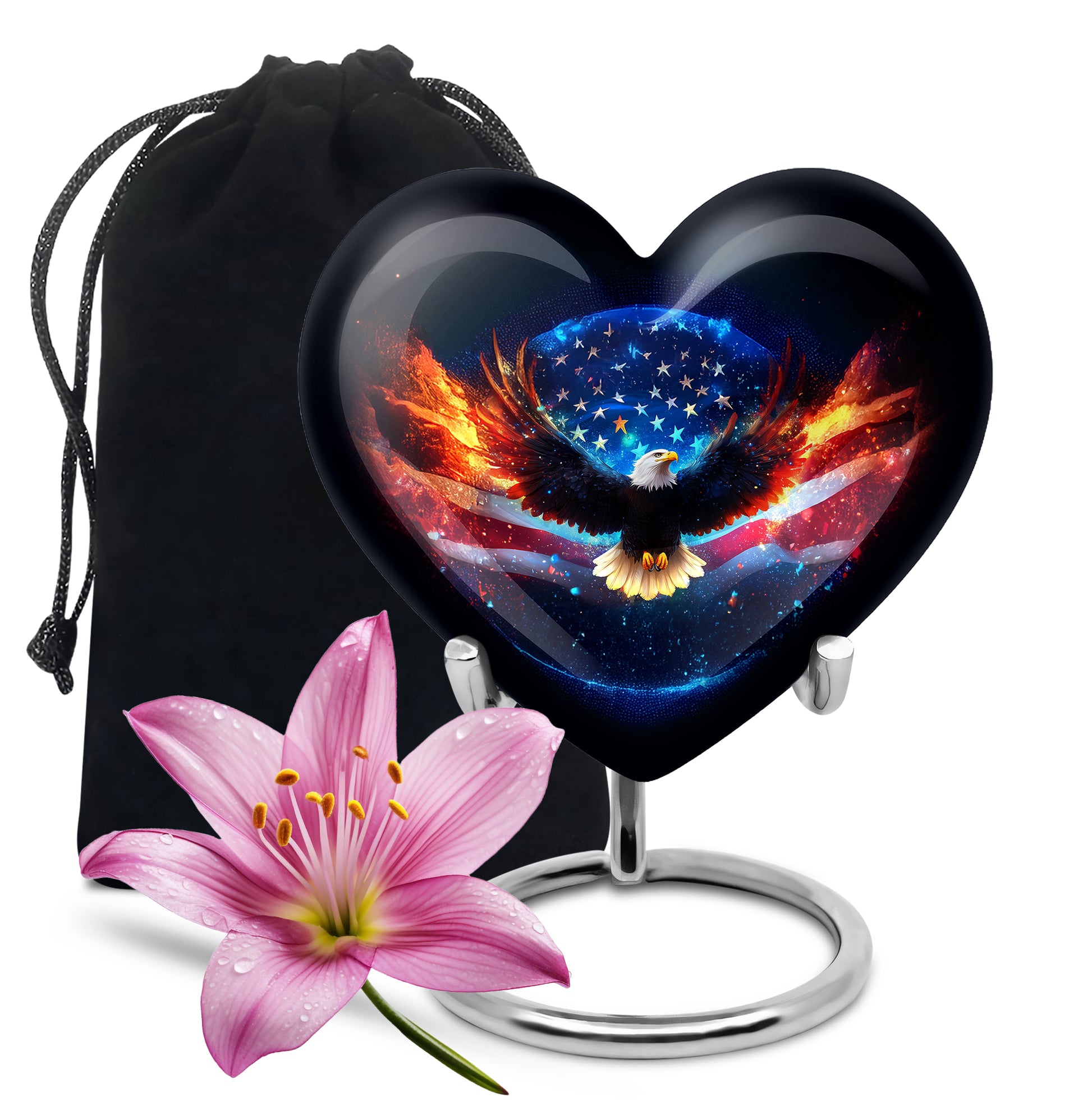 Dark Black Eagle Cremation Urn detail view - romantic heart urn with eagle motif on aluminum - full-size 10 inch 200 cubic inch adult cremation urn