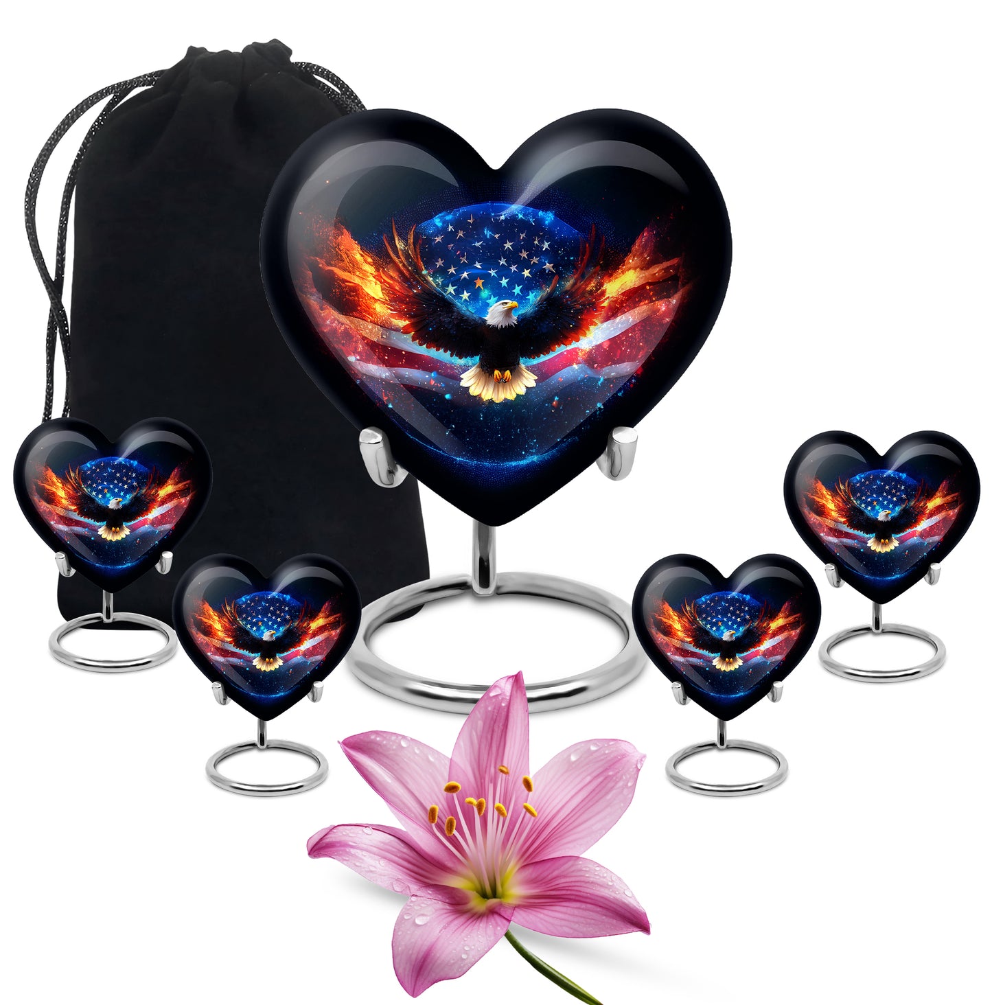 Jet Black Eagle Cremation Urn close-up of engraving and surface detail - heart-shaped eagle design symbolizing eternal love - memorial set with one large and four small urns