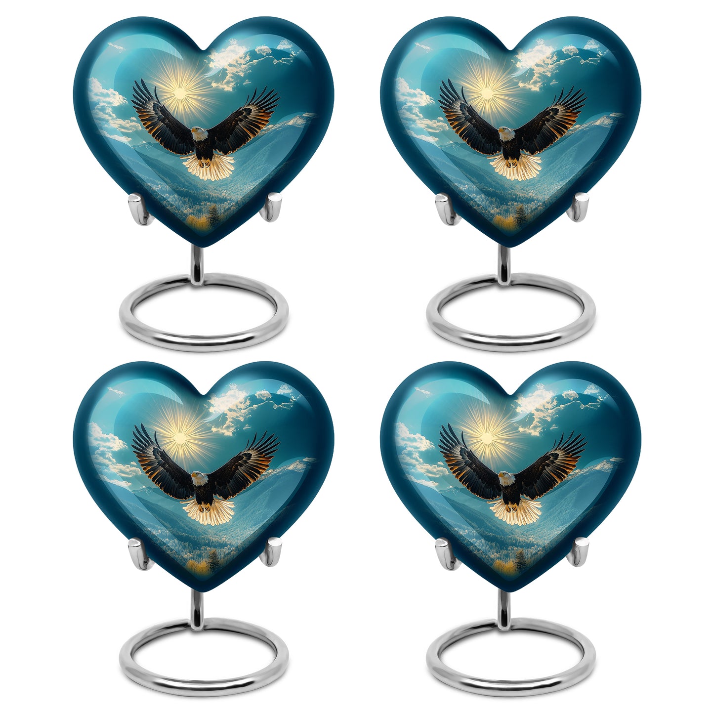 Deep Teal Eagle Cremation Urn angled view of lid and engraved motif - compassionate heart-eagle combination with gentle curves - 10 inch aluminum urn for cremated remains