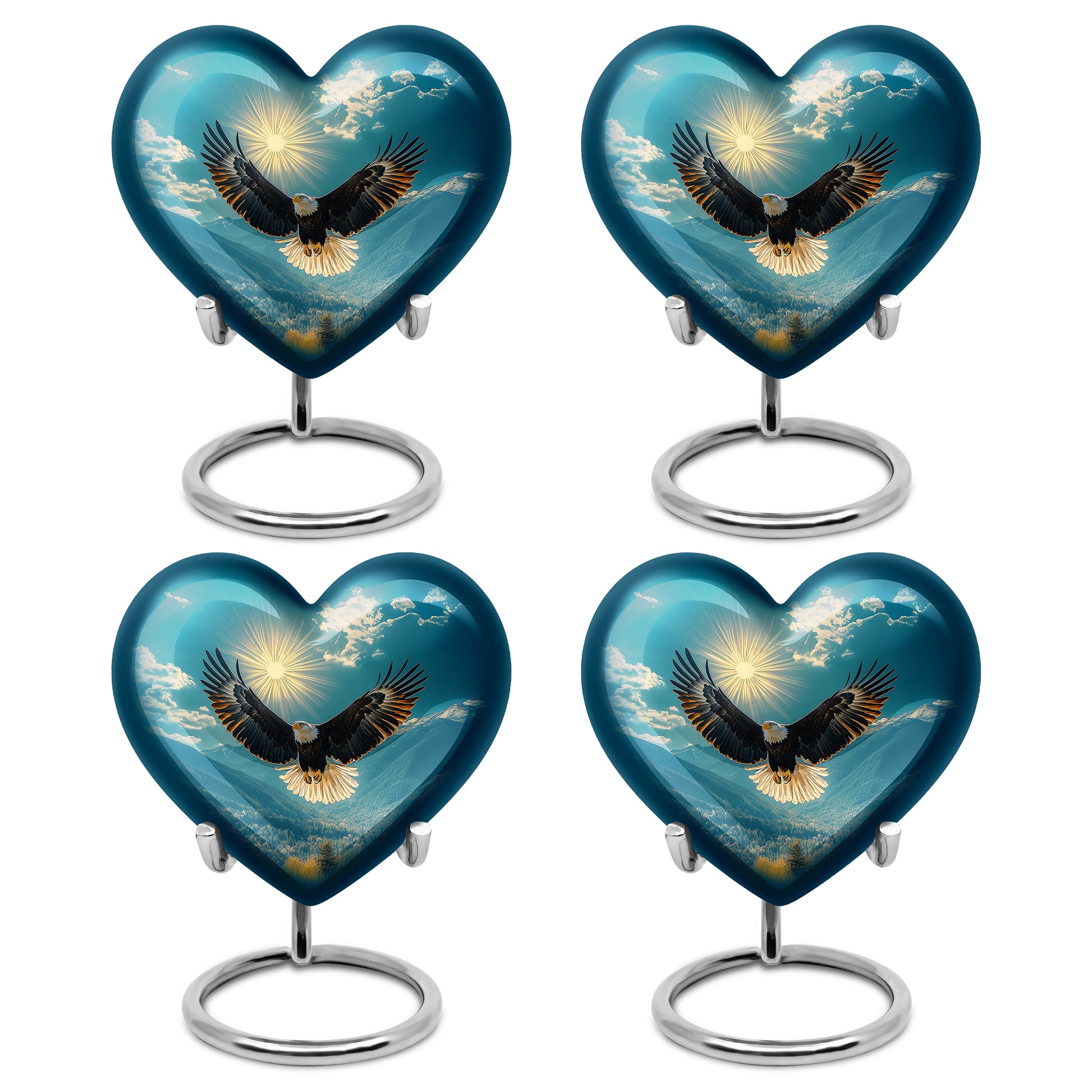 Deep Teal Eagle Cremation Urn angled view of lid and engraved motif - compassionate heart-eagle combination with gentle curves - 10 inch aluminum urn for cremated remains