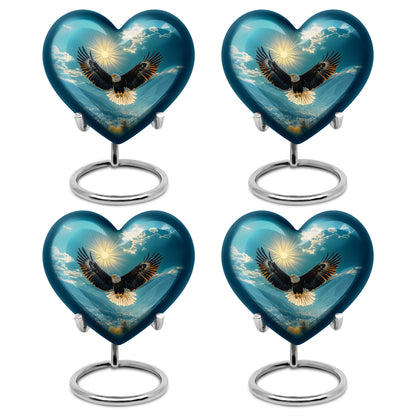 Deep Teal Eagle Cremation Urn angled view of lid and engraved motif - compassionate heart-eagle combination with gentle curves - 10 inch aluminum urn for cremated remains