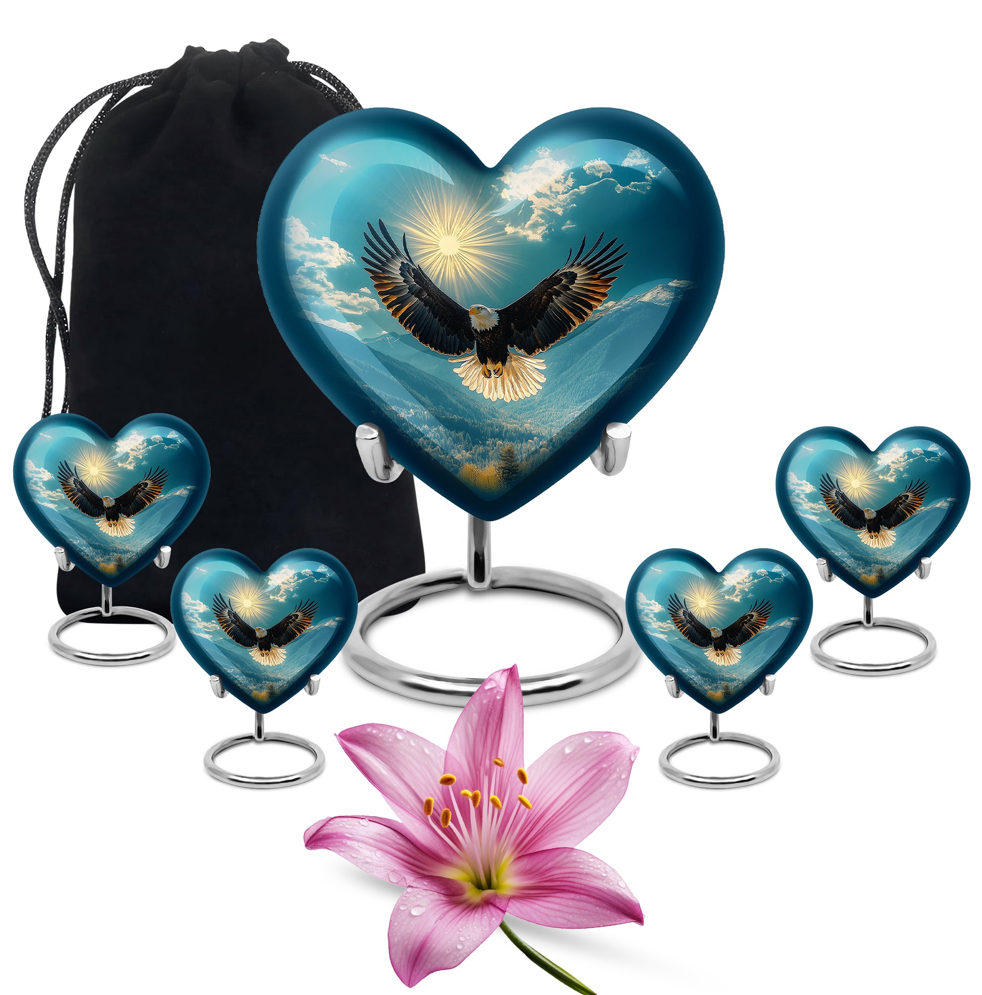 Tropical Teal Eagle Cremation Urn close-up of engraving and surface detail - compassionate heart-eagle combination with gentle curves - memorial set with one large and four small urns