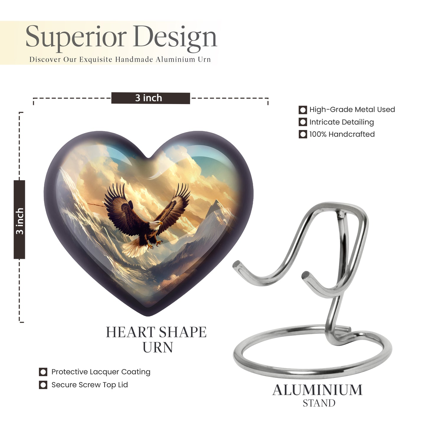 Sky Blue Eagle Cremation Urn front view showing detailed design - heart-shaped eagle design symbolizing eternal love - mini keepsake memorial for portion of cremation ashes