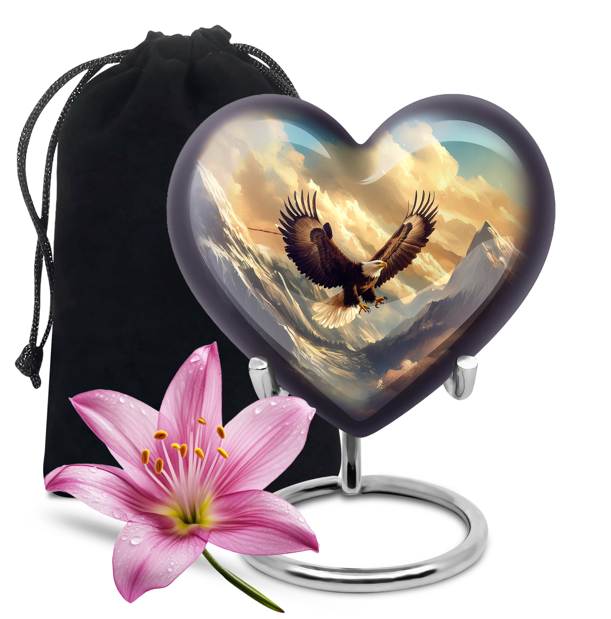 Twilight Blue Eagle Cremation Urn detail view - romantic heart urn with eagle motif on aluminum - full-size 10 inch 200 cubic inch adult cremation urn