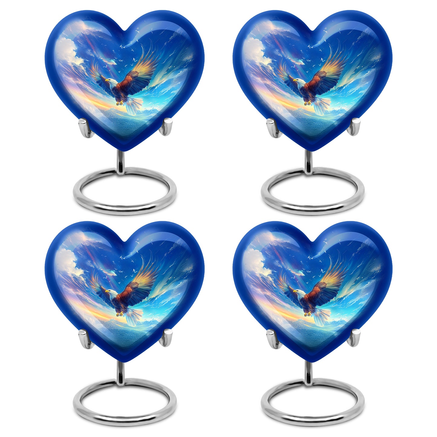 Celestial Blue Eagle Cremation Urn angled view of lid and engraved motif - heart-shaped eagle design symbolizing eternal love - 10 inch aluminum urn for cremated remains