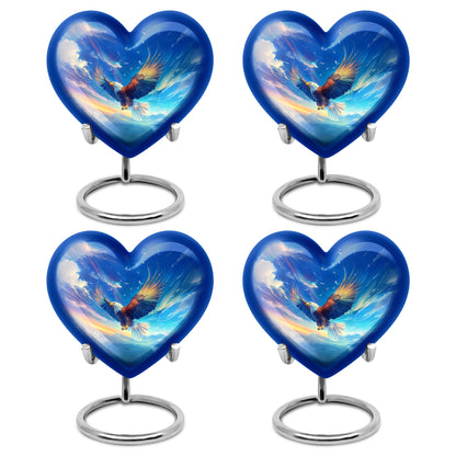 Celestial Blue Eagle Cremation Urn angled view of lid and engraved motif - heart-shaped eagle design symbolizing eternal love - 10 inch aluminum urn for cremated remains