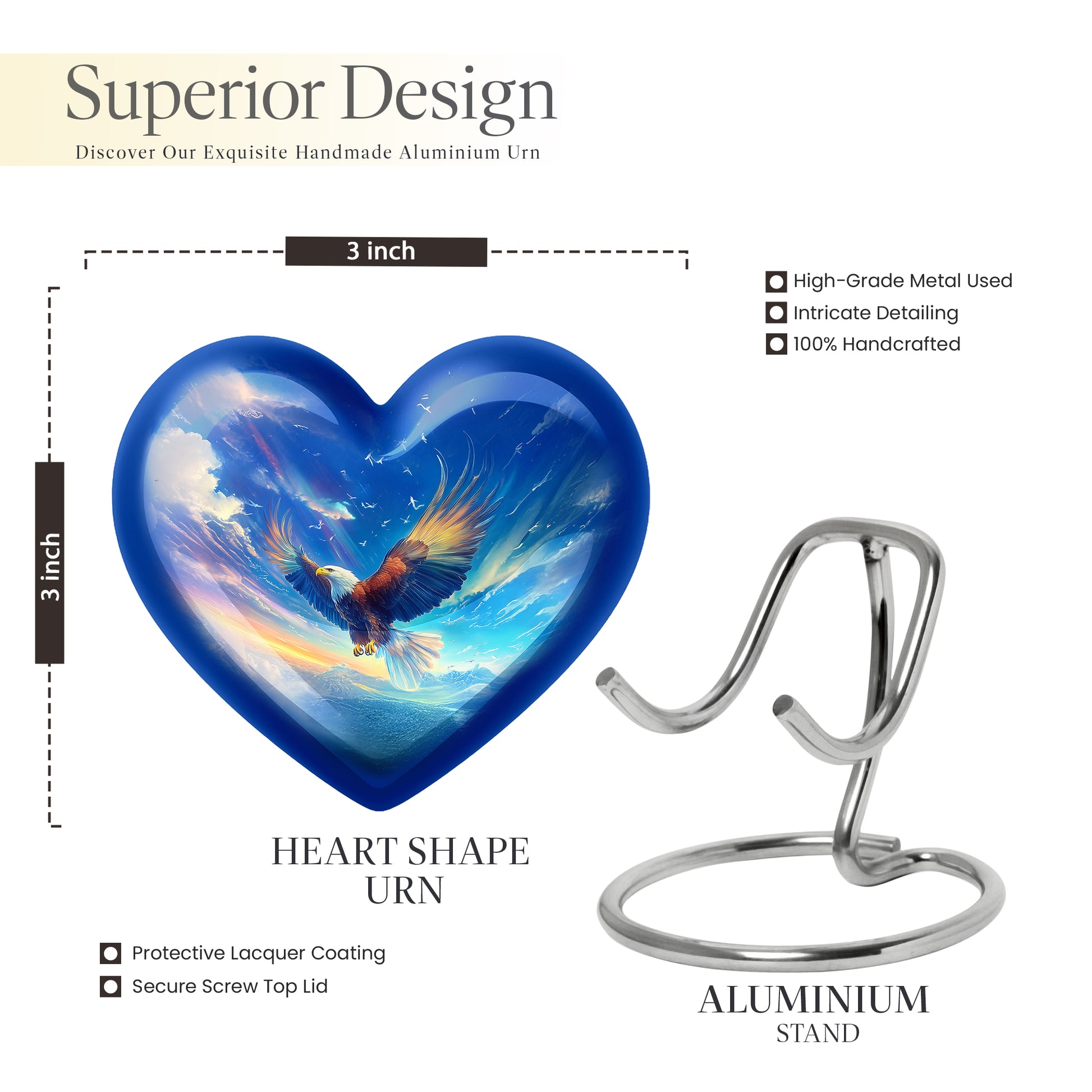 Azure Eagle Cremation Urn front view showing detailed design - heart-shaped eagle design symbolizing eternal love - mini keepsake memorial for portion of cremation ashes