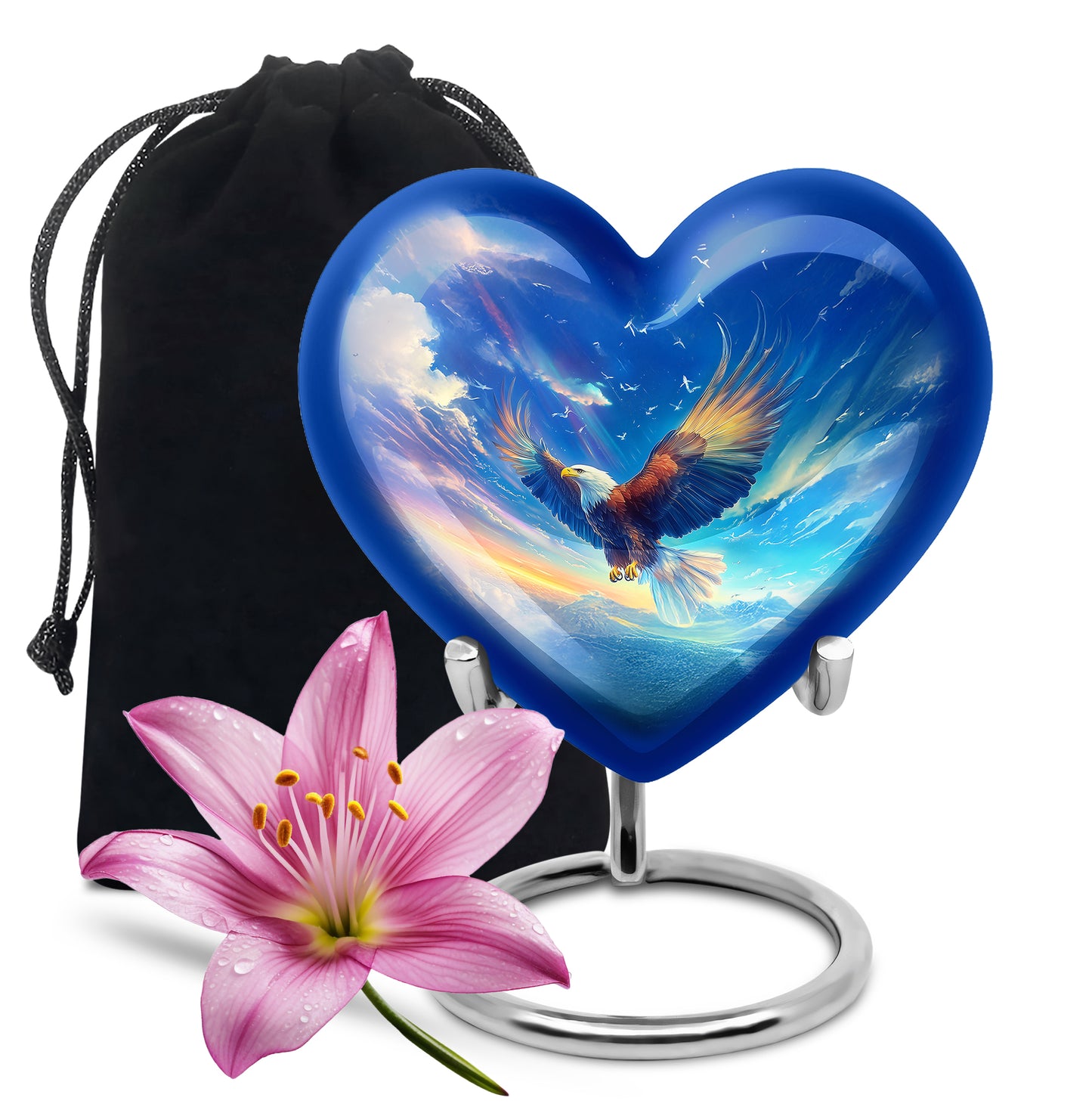 Royal Blue Eagle Cremation Urn detail view - romantic heart urn with eagle motif on aluminum - full-size 10 inch 200 cubic inch adult cremation urn