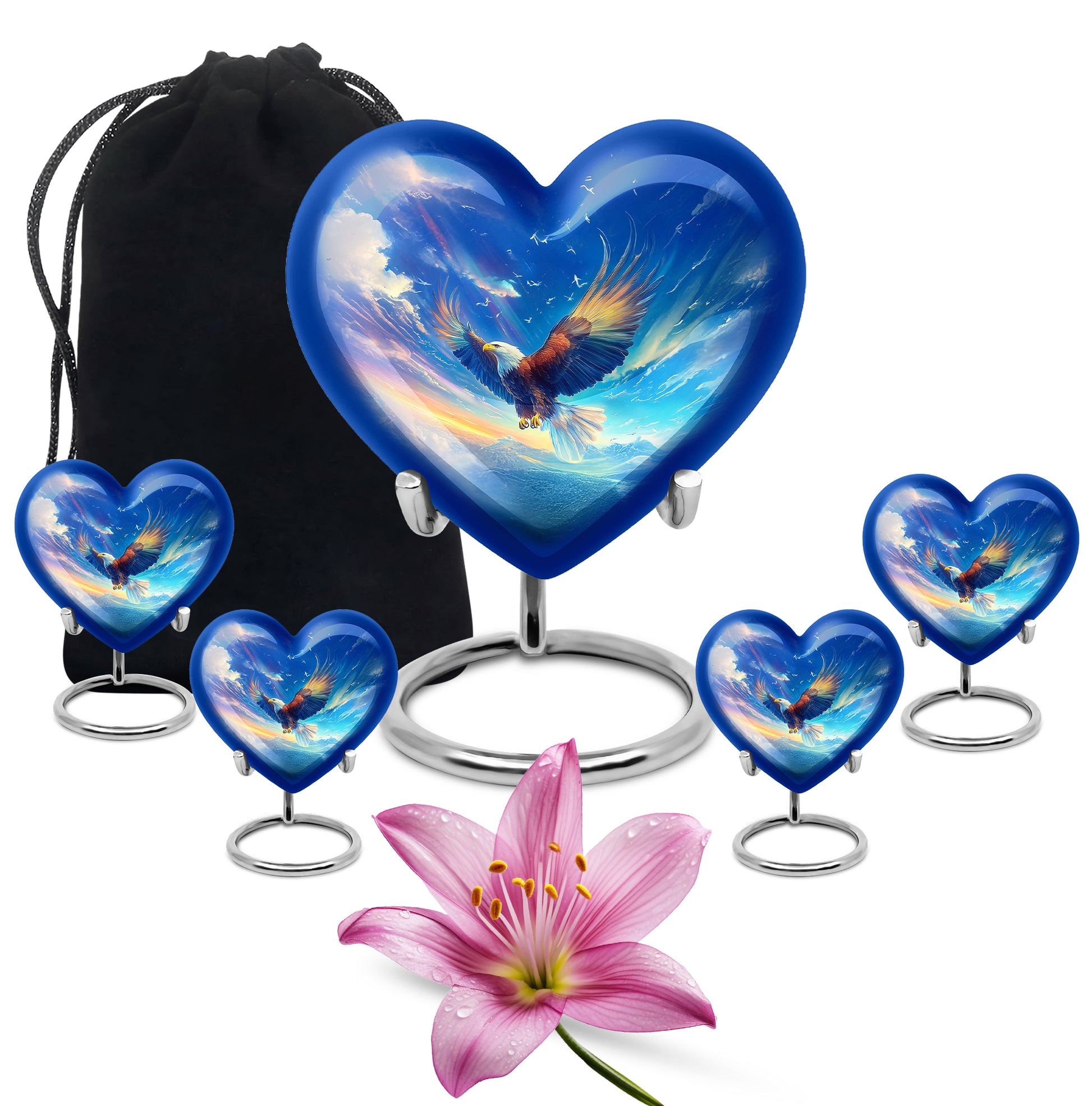 Royal Blue Eagle Cremation Urn close-up of engraving and surface detail - romantic heart urn with eagle motif on aluminum - memorial set with one large and four small urns