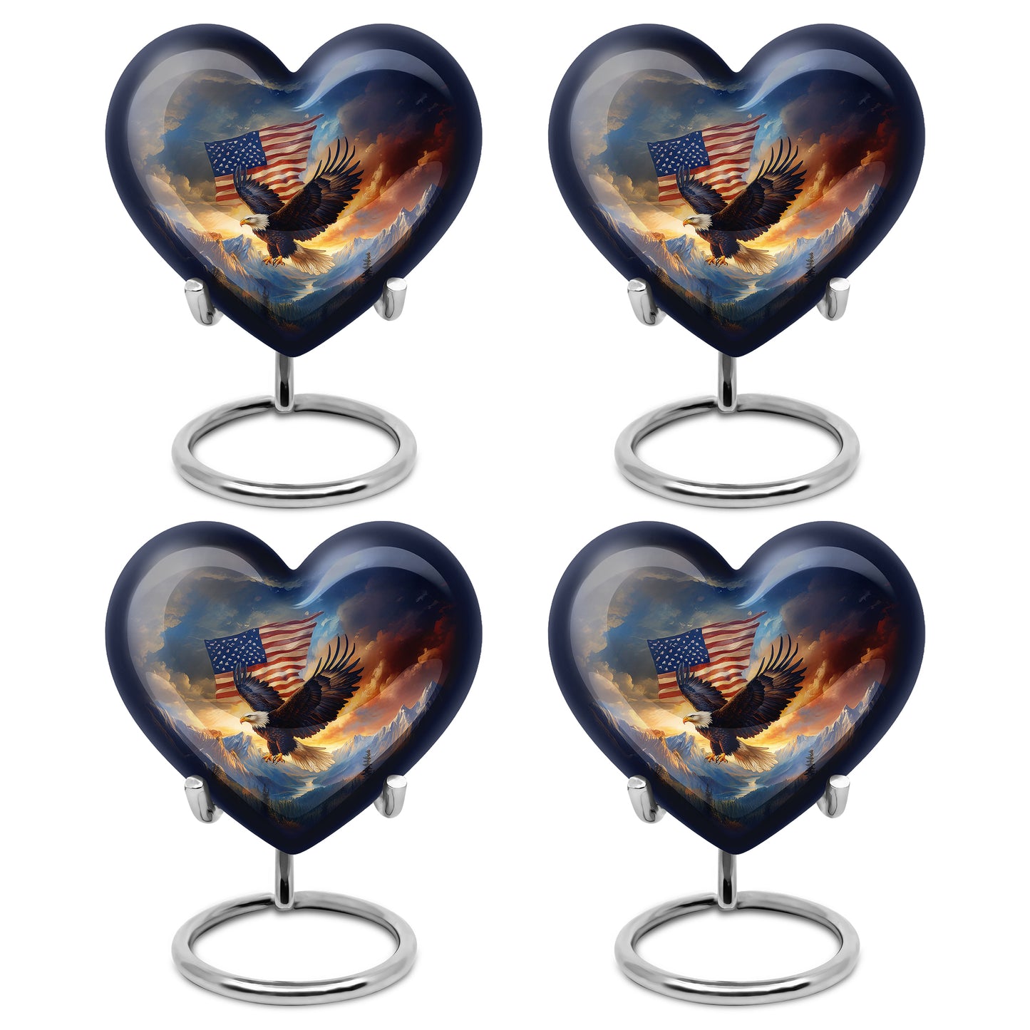 Navy Blue Eagle Cremation Urn angled view of lid and engraved motif - loving heart memorial featuring eagle pattern - 10 inch aluminum urn for cremated remains