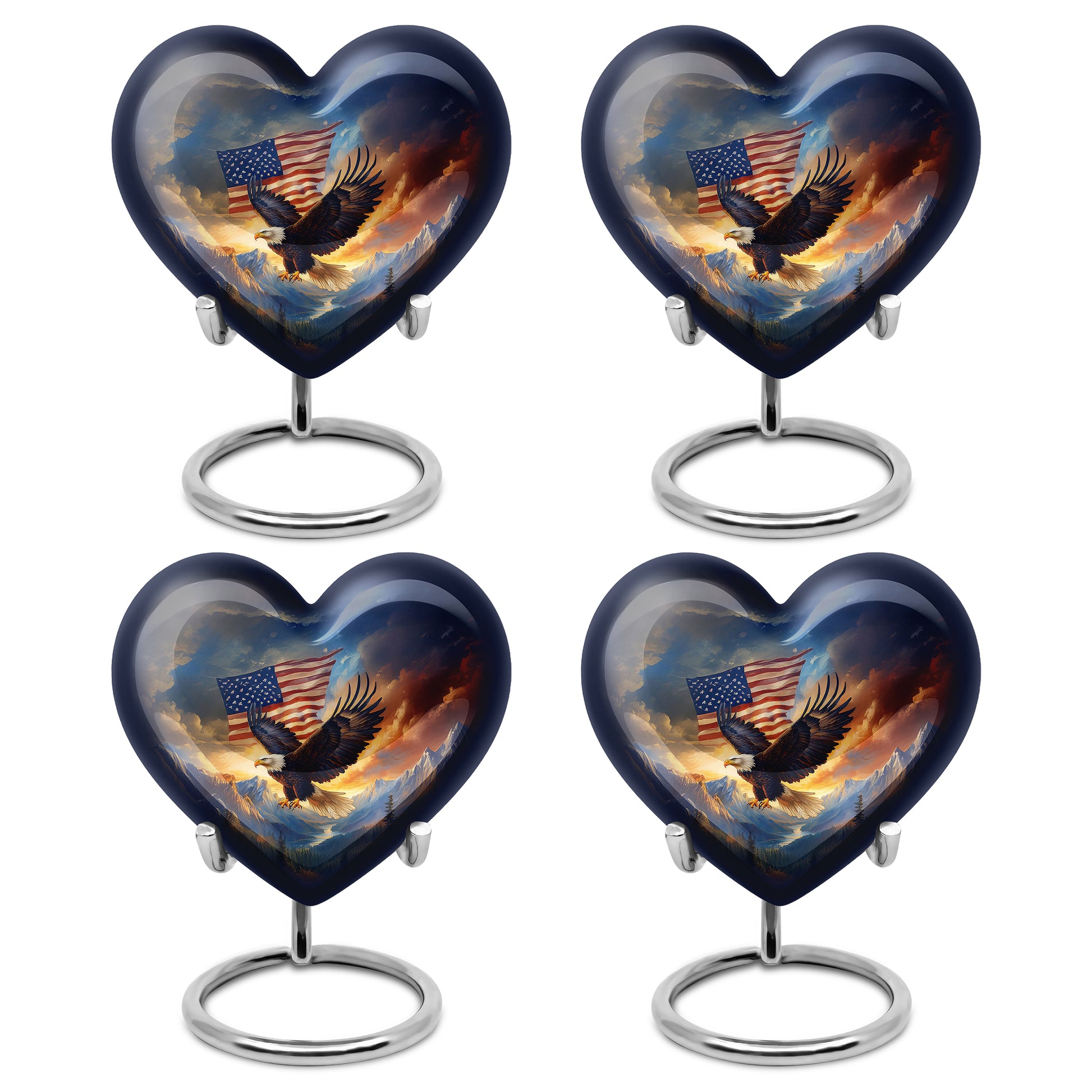 Navy Blue Eagle Cremation Urn angled view of lid and engraved motif - loving heart memorial featuring eagle pattern - 10 inch aluminum urn for cremated remains