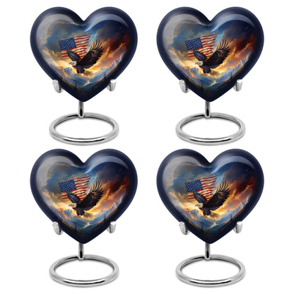 Navy Blue Eagle Cremation Urn angled view of lid and engraved motif - loving heart memorial featuring eagle pattern - 10 inch aluminum urn for cremated remains