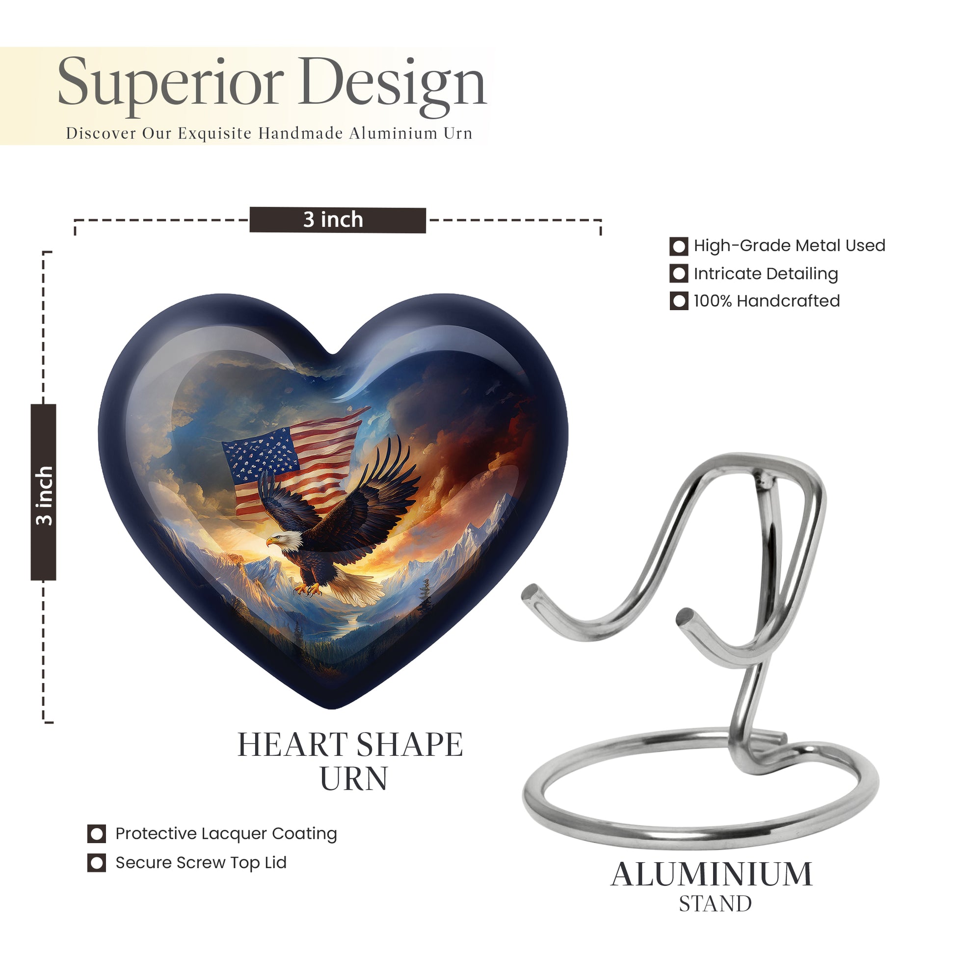 Twilight Blue Eagle Cremation Urn front view showing detailed design - romantic heart urn with eagle motif on aluminum - mini keepsake memorial for portion of cremation ashes