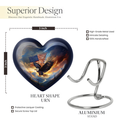 Twilight Blue Eagle Cremation Urn front view showing detailed design - romantic heart urn with eagle motif on aluminum - mini keepsake memorial for portion of cremation ashes