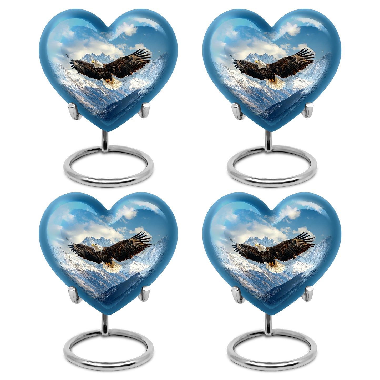 Serene Blue Eagle Cremation Urn angled view of lid and engraved motif - romantic heart urn with eagle motif on aluminum - 10 inch aluminum urn for cremated remains