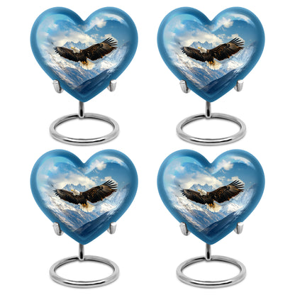 Serene Blue Eagle Cremation Urn angled view of lid and engraved motif - romantic heart urn with eagle motif on aluminum - 10 inch aluminum urn for cremated remains