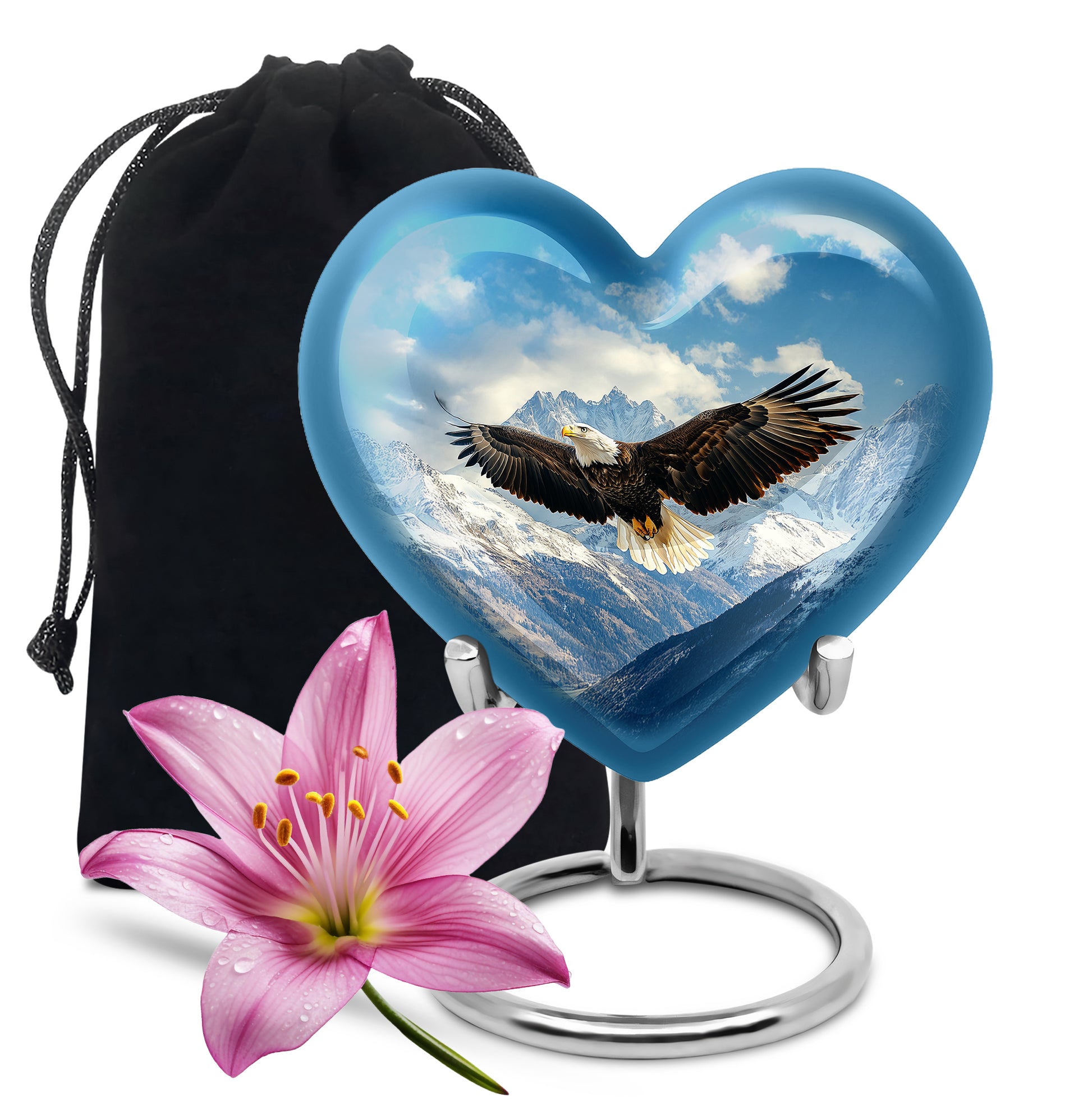 Twilight Blue Eagle Cremation Urn detail view - romantic heart urn with eagle motif on aluminum - full-size 10 inch 200 cubic inch adult cremation urn