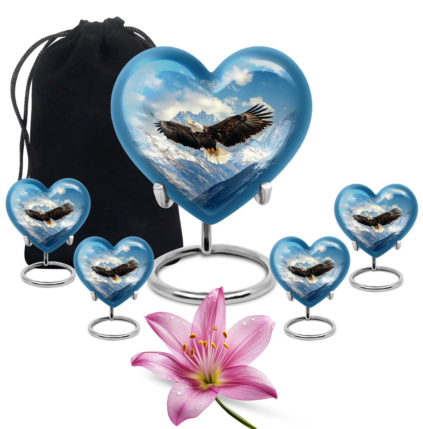 Navy Blue Eagle Cremation Urn close-up of engraving and surface detail - heart-shaped eagle design symbolizing eternal love - memorial set with one large and four small urns