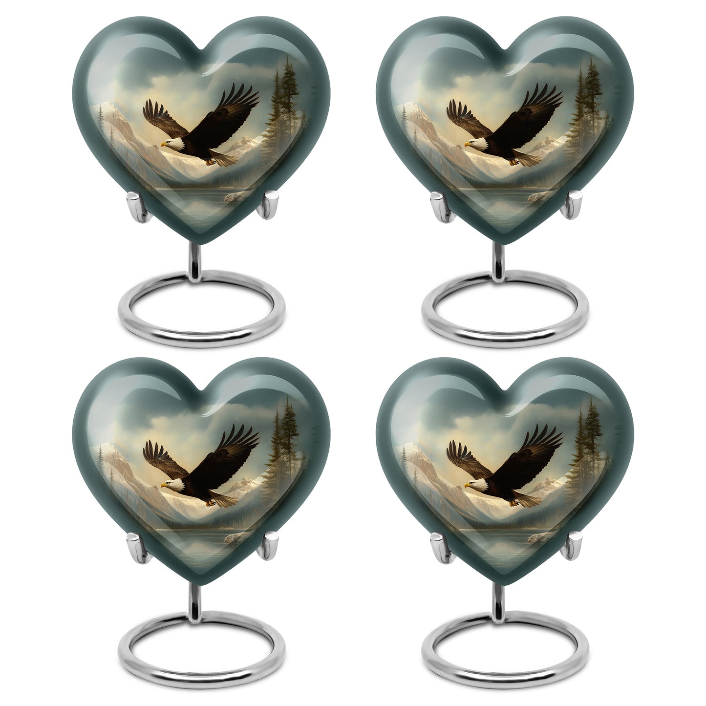 Dark Black Eagle Cremation Urn angled view of lid and engraved motif - romantic heart urn with eagle motif on aluminum - 10 inch aluminum urn for cremated remains