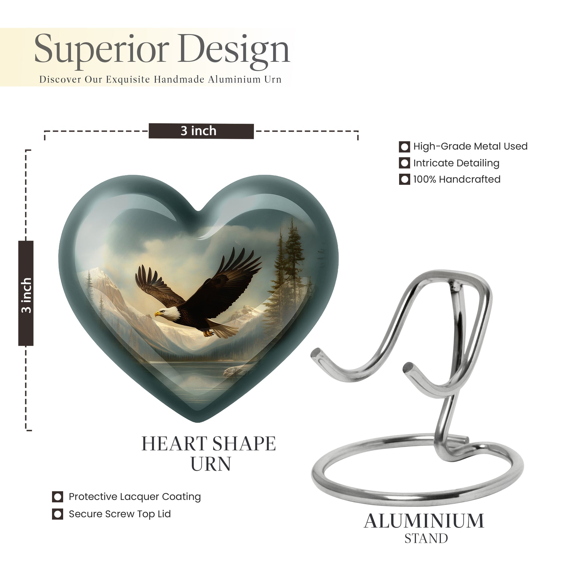 Dark Black Eagle Cremation Urn front view showing detailed design - compassionate heart-eagle combination with gentle curves - mini keepsake memorial for portion of cremation ashes